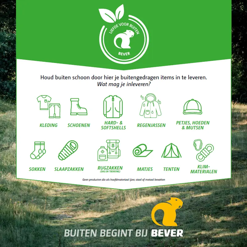 Poster met afbeeldingen van outdoorartikelen die je kunt recyclen: kleding, schoenen, hard- en softshells, regenjassen, mutsen, sokken, slaapzakken, rugzakken, slaapmatten, tenten en klimuitrusting. Onderaan staan het Bever-logo en de slogan.